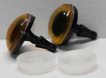 1 Paar Sicherheitsaugen 18 mm mittelgroße runde Pupillen kupfergold schimmernd verschiedenfarbige Iris