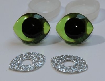 1 Paar Sicherheitsaugen geschwungen transparent durchgefärbt grün mit Glitter 28 mm x 23 mm