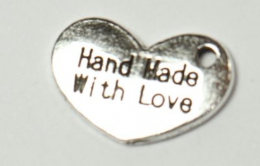 1 Button aus Metall "handmade with love" silberfarben ca. 15 mm x 10 mm zum Annähen