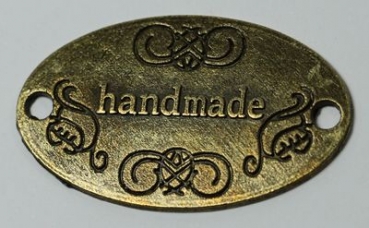 1 Button aus Metall "handmade" bronzefarben ca. 31 mm x 19 mm zum Annähen