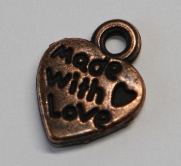 1 Button aus Metall "made with love" kupferfarben ca. 12 mm x 10 mm zum Annähen