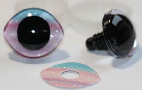 1 Paar Sicherheitsaugen geschwungen transparent durchgefärbt klar mit Glitter Rainbow 28 mm x 23 mm