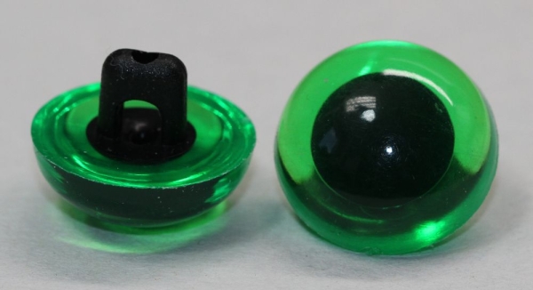 1 Paar 15 mm Kunststoffaugen transparent grün durchgefärbt rund zum Annähen