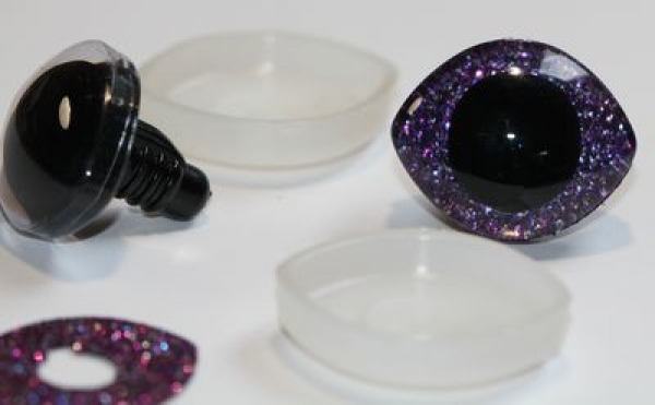 1 Paar Sicherheitsaugen geschwungen transparent durchgefärbt klar mit Glitter purple 28 mm x 23 mm