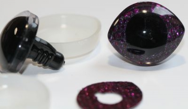 1 Paar Sicherheitsaugen geschwungen transparent durchgefärbt klar mit Glitter Punkte purple 28 mm x 23 mm