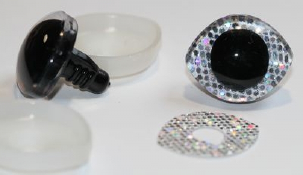 1 Paar Sicherheitsaugen geschwungen transparent durchgefärbt klar mit Glitter Punkte silbern 28 mm x 23 mm