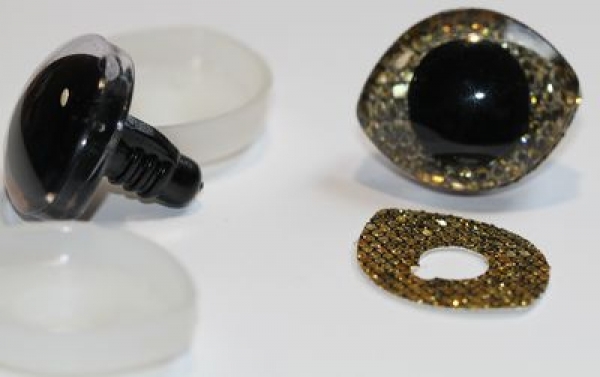 1 Paar Sicherheitsaugen geschwungen transparent durchgefärbt klar mit Glitter Punkte hellgold 28 mm x 23 mm