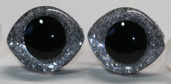 1 Paar Sicherheitsaugen geschwungen transparent durchgefärbt klar mit Glitter silber 23 mm x 20 mm