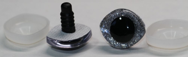 1 Paar Sicherheitsaugen geschwungen transparent durchgefärbt klar mit Glitter silber 23 mm x 20 mm