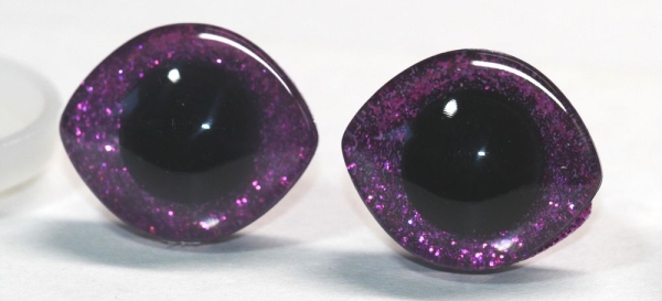 1 Paar Sicherheitsaugen geschwungen transparent durchgefärbt klar mit Glitter purpur 23 mm x 20 mm