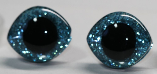 1 Paar Sicherheitsaugen geschwungen transparent durchgefärbt klar mit Glitter hellblau 23 mm x 20 mm