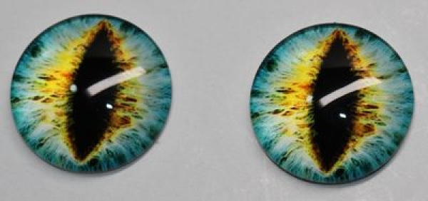 1 Paar Augen Glaslinsen Katze/Drache zum Aufkleben 20 mm gelb blau