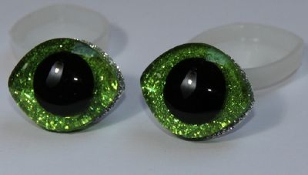1 Paar Sicherheitsaugen geschwungen transparent durchgefärbt grün mit Glitter 28 mm x 23 mm