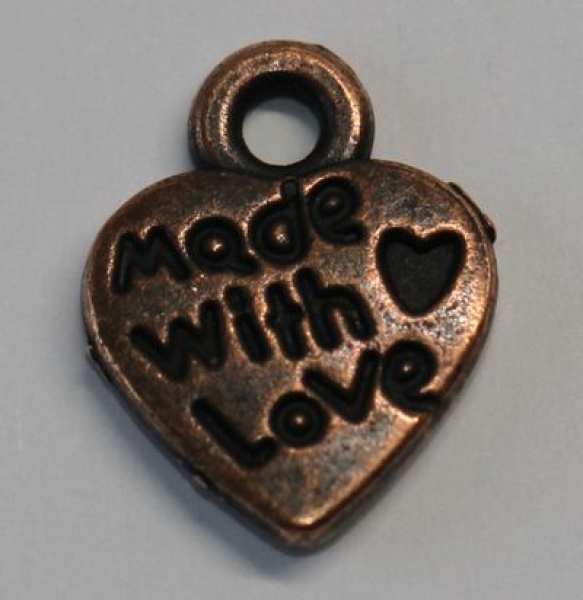 1 Button aus Metall "made with love" kupferfarben ca. 12 mm x 10 mm zum Annähen