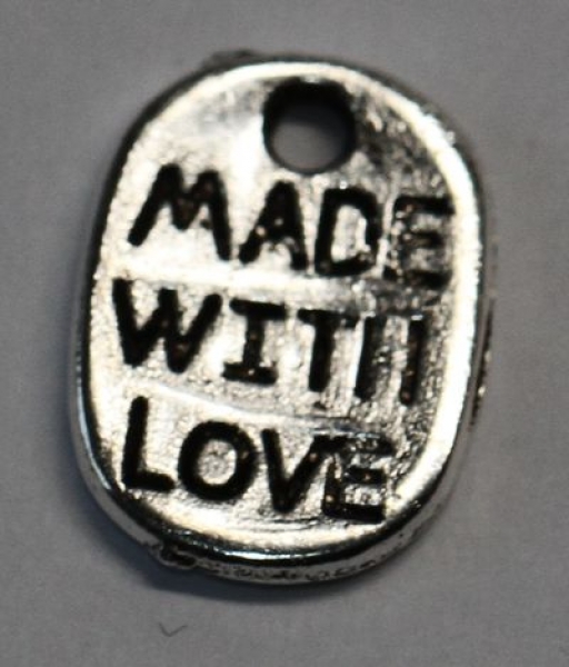 1 Button aus Metall "made with love" silberfarben ca. 10 mm x 8 mm zum Annähen