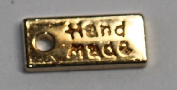 1 Button aus Metall "handmade" goldfarben ca. 11 mm x 5 mm zum Annähen