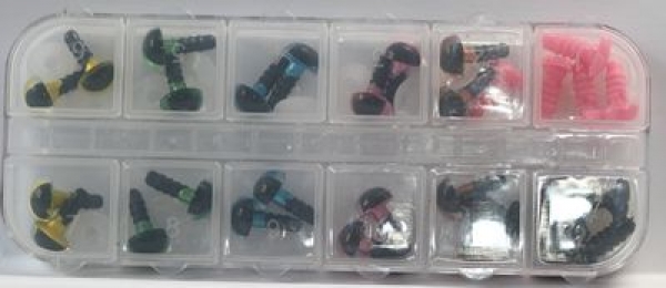 1 Box mit 10 Paar Augen Katze Drache 9 mm metallic und 10 Nasen für Amigurumi gemischt hochwertig