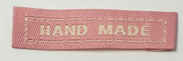 1 Etikett rosa zum Einnähen / Annähen textil ca. 4,3 cm x 1,1 cm "handmade"