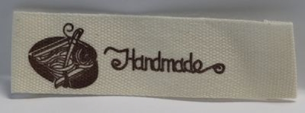 1 Etikett natur zum Einnähen / Annähen textil ca. 5,4 cm x 1,5 cm "Handmade" bedruckt