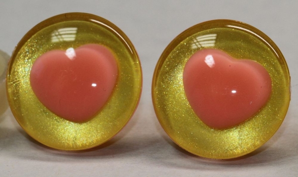 1 Paar Sicherheitsaugen trapezoid 25 mm gelb metallic herzförmige Pupille rosa