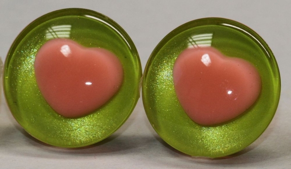 1 Paar Sicherheitsaugen trapezoid 25 mm gelbgrün metallic herzförmige Pupille rosa