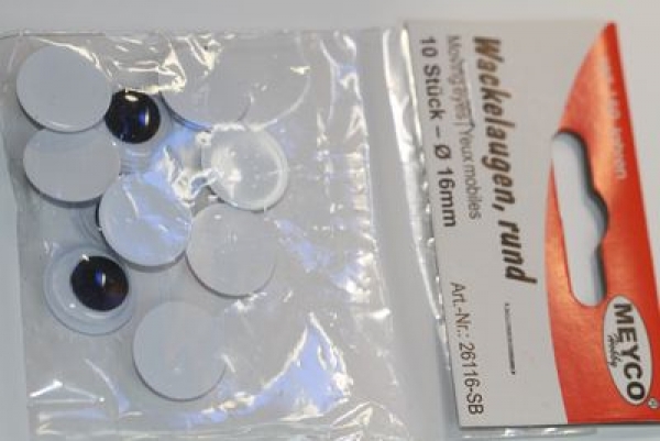 5 Paar Augen (10 Stück) Wackelaugen rund schwarz weiß 16 mm